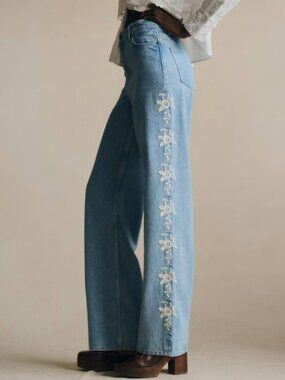 SEZANE x SEA NY Valentin Trousers Pant Jeans Denim Embroidered 10 42 NEW NWOT